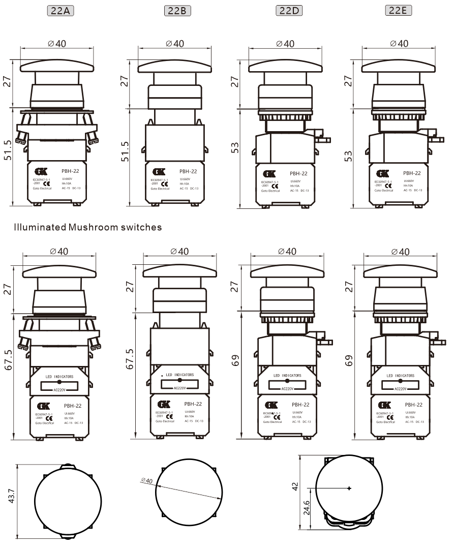 PBH22 Series Mushroom switches