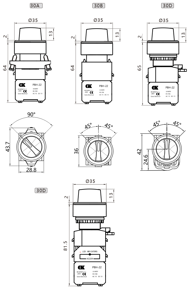 PBH-30 Flush short selector switches
